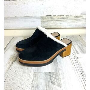 Bernardo Women’s 8.5 Sky Black Suede Shearling Platform Clogs Wooden Heel NEW
